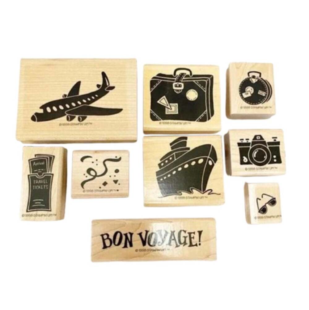 STAMPIN UP Vintage 1998 Bon Voyage 9 Pc Wood Rubber Stamps Travel Vacation